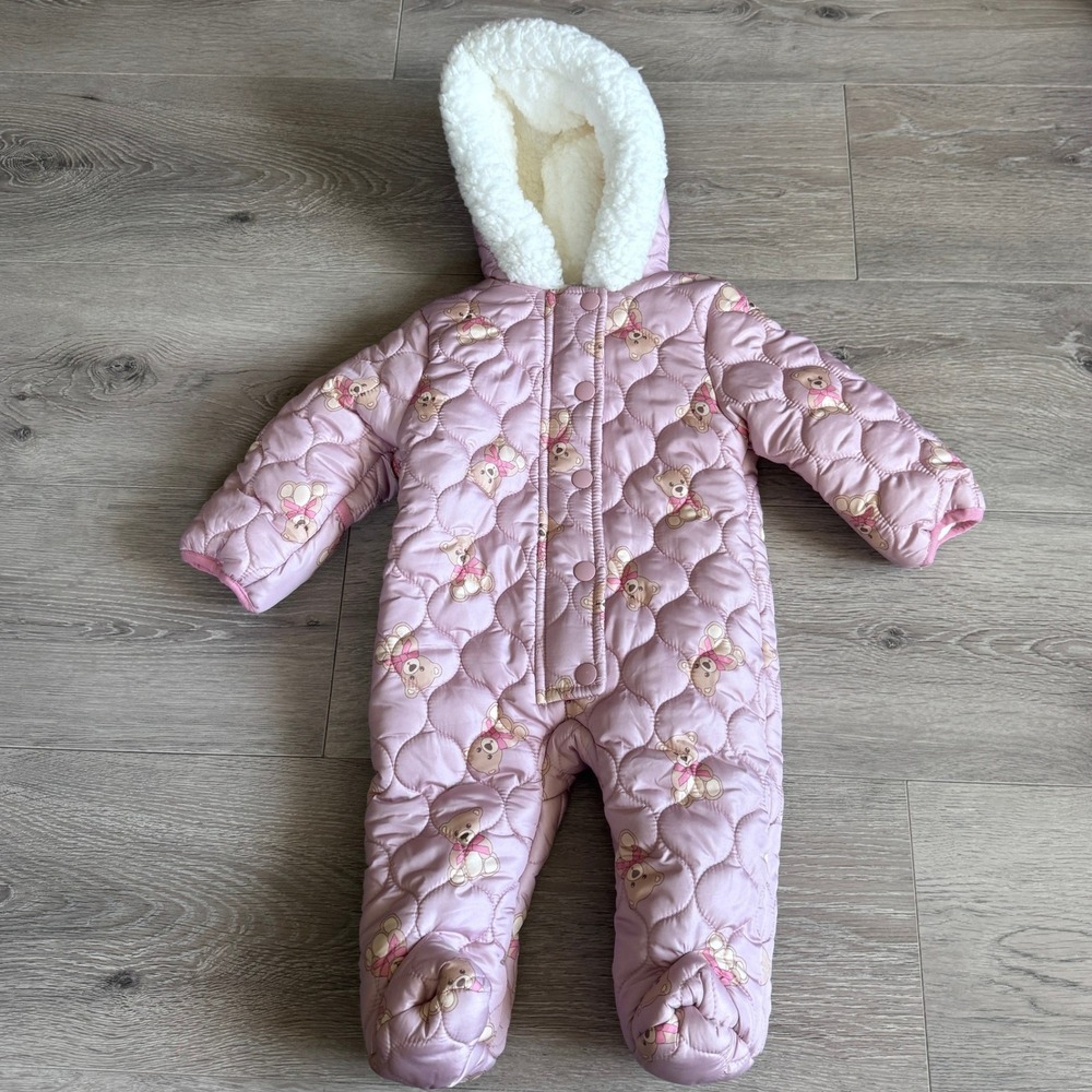 Little Lass Baby Girl Pink Quilted Teddy Bear Pram Suit Hooded Bunting 3-6M